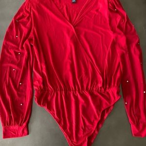 Red one  piece bodysuit with sheer long sleeve and diamonds studs on arms XL
